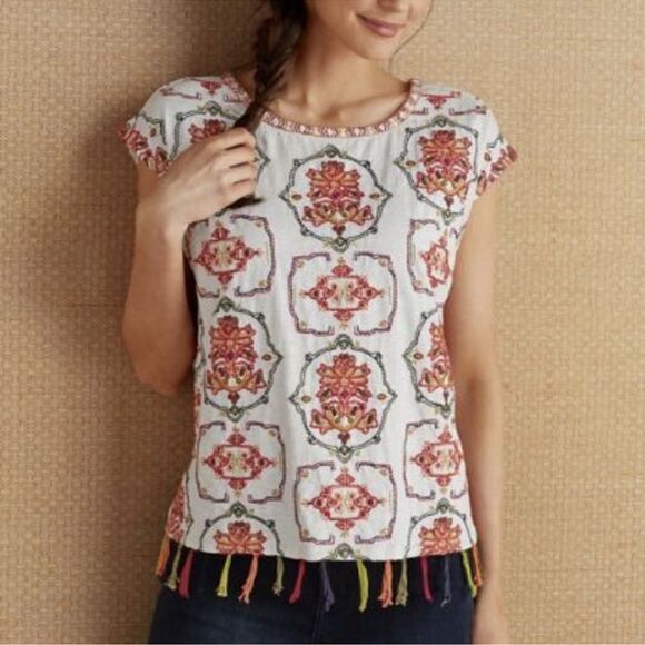 Soft Surroundings Tops - Soft Surroundings embroidered 100% cotton boho top ivory w orange green red szXS
